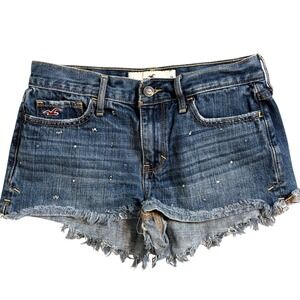 Hollister Low Rise Denim Shorts Dark Wash Rhinestone Frayed Hem Size 1 W25 Y2K